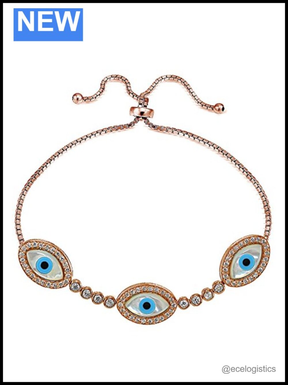 Rose Gold Flashed Sterling Silver Mother of Pearl Evil Eye Adjustable Bracelet